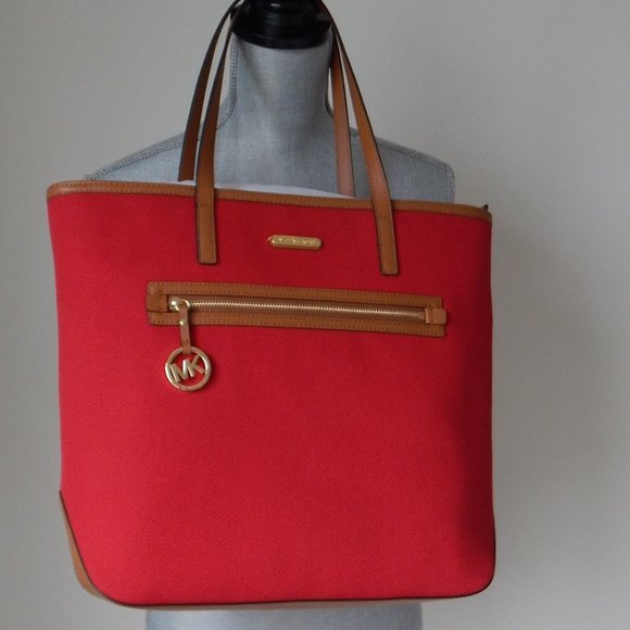 NWT MICHAEL KORS KEMPTON CANVAS LEATHER DETAILS LARGE TOTE SHOULDER BAG RED